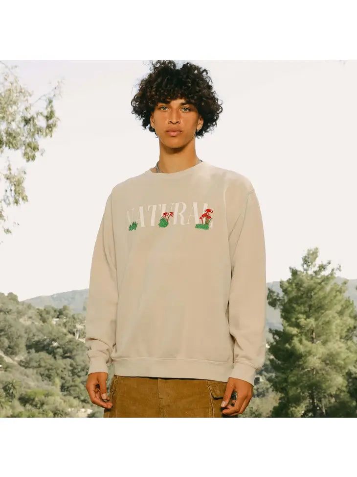 Embroidered Mushroom Fleece Crewneck Sweatshirt- Cream