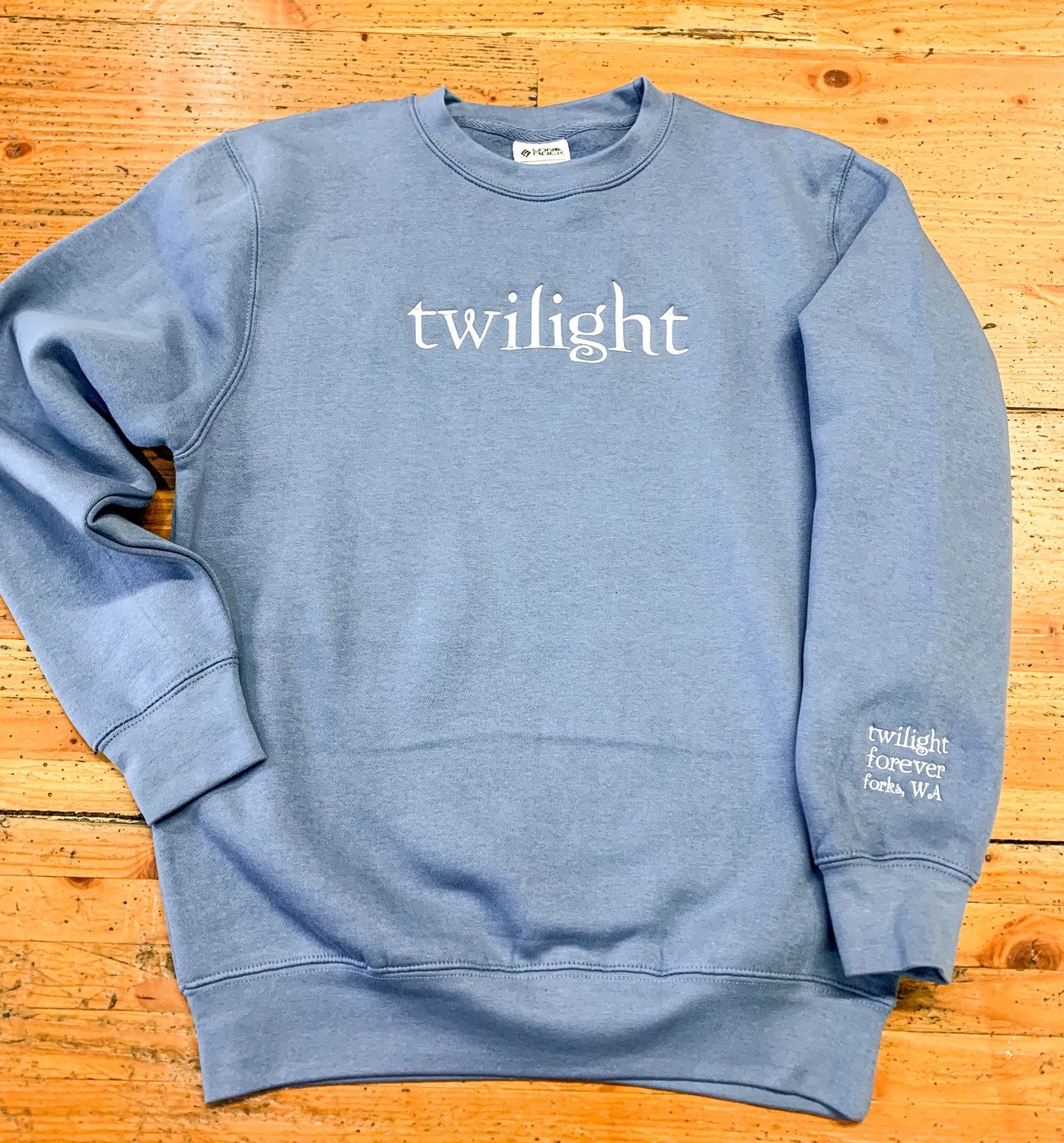 Denim Logo Embroidered Crewneck, Color: Denim, Size: Small