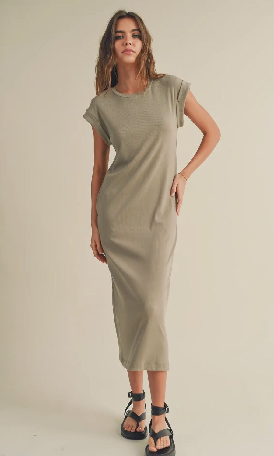 Ribbed Casual Long Dress-Stone