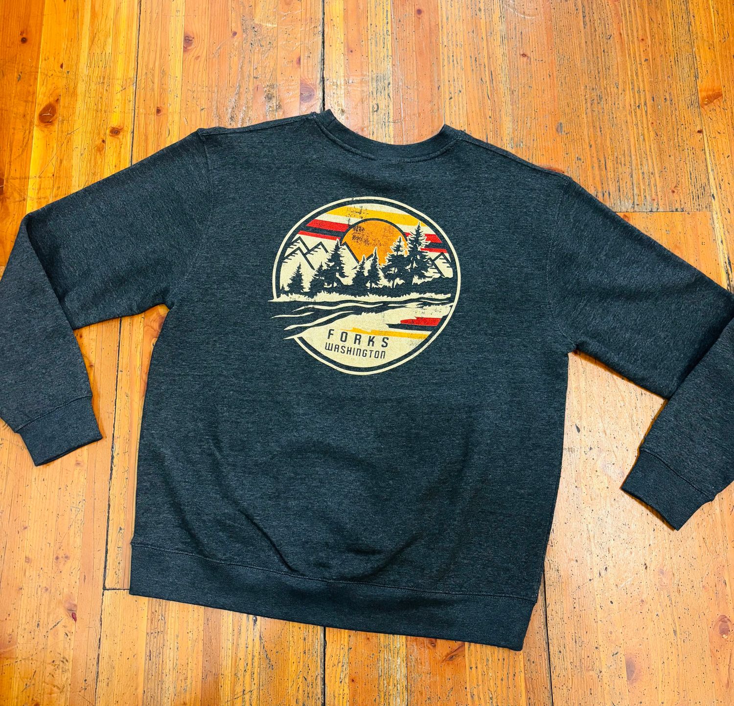 Forks, WA Distressed Mountain Sunset Crewneck Sweater, Color: Charcoal Heather, Size: X-Small