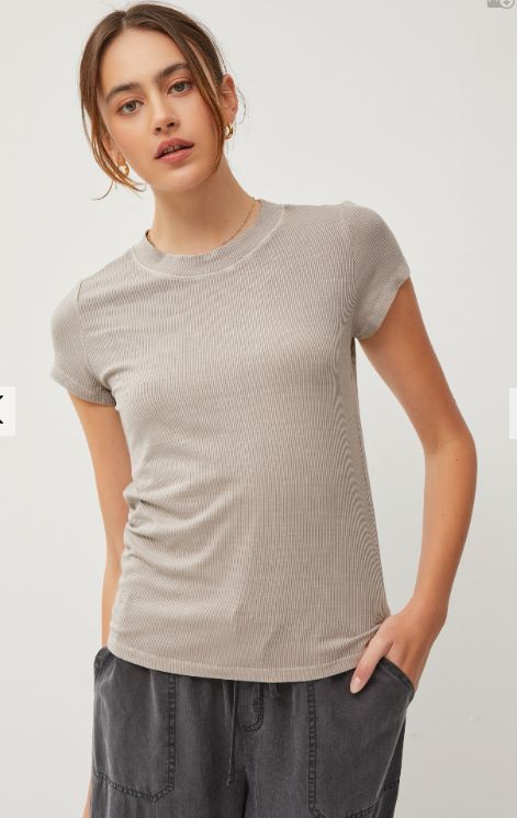Classic, Ribbed, Crew Neck Tee- Grey Brown