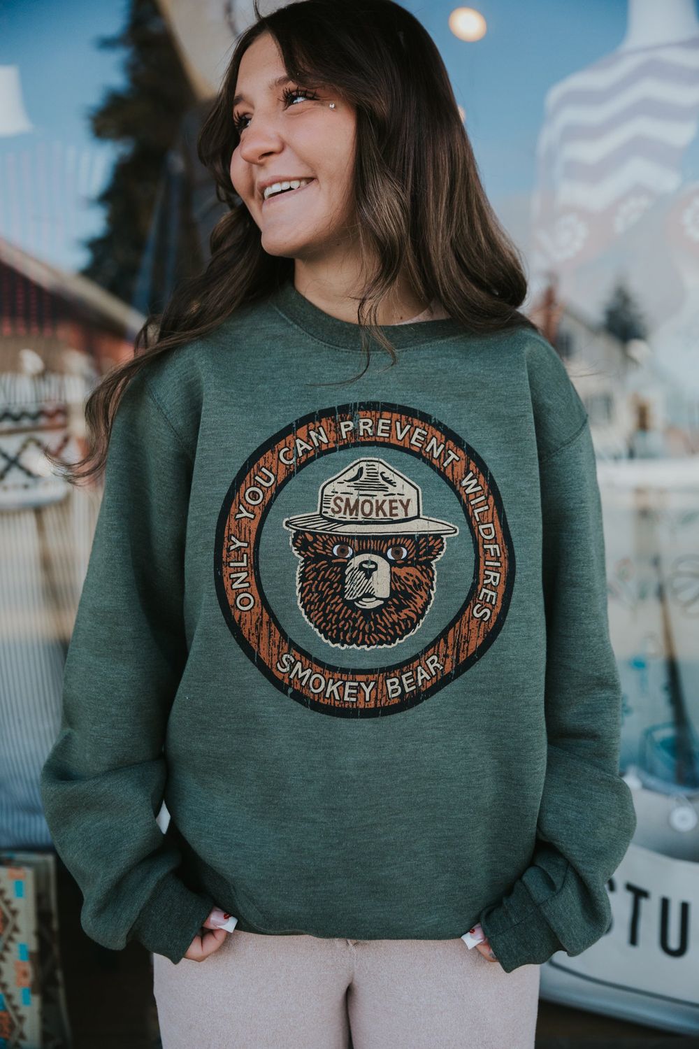 Smokey Woodgrain Circle Crewneck Sweatshirt, Color: Sage Heather, Size: X-Small