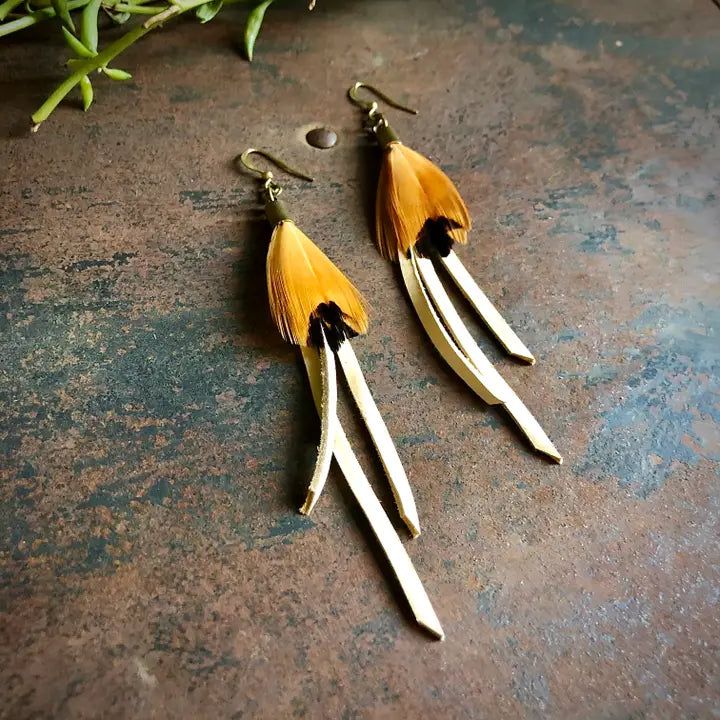 Leather + Feather Dangle Earrings- Cream