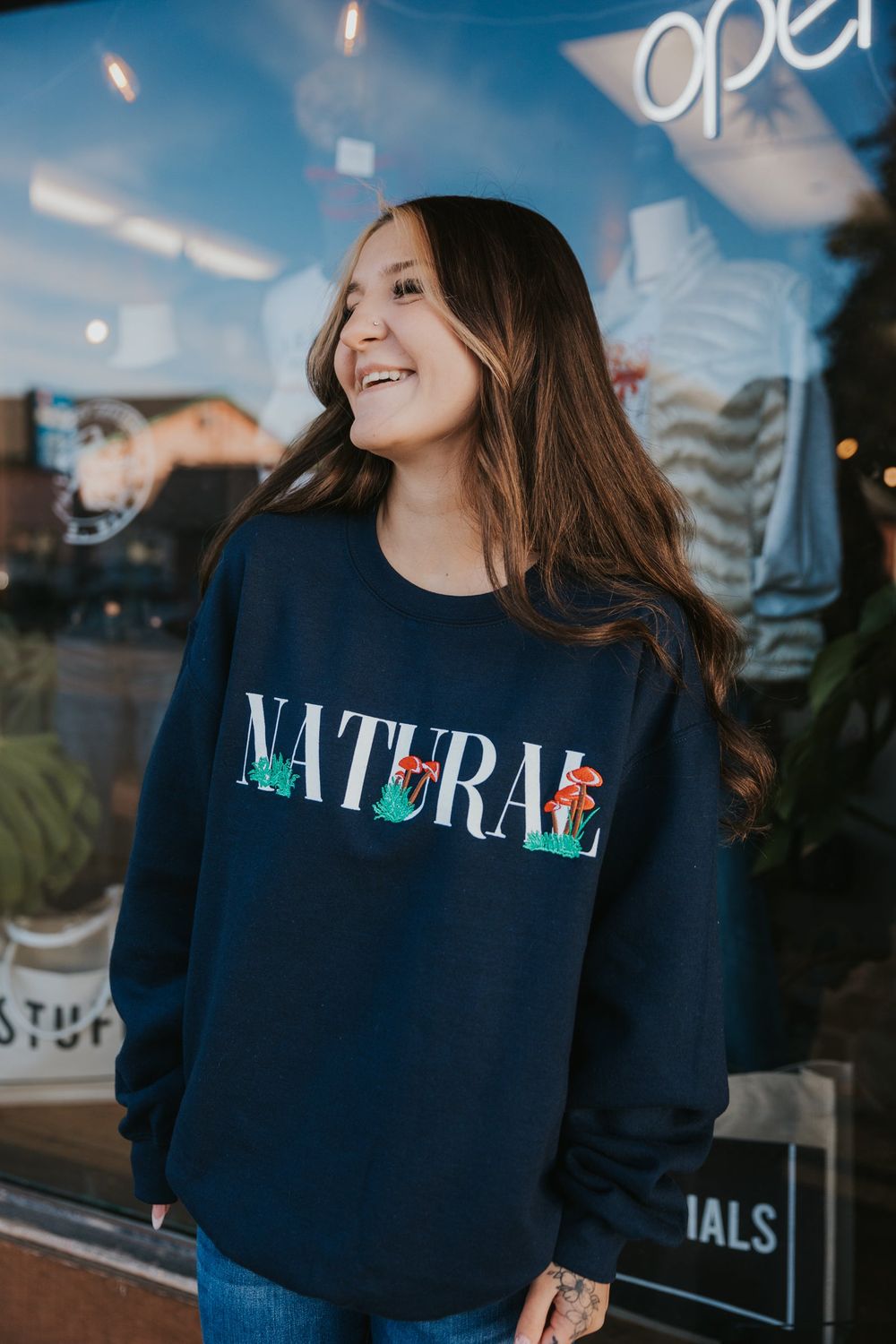 Embroidered Mushroom Fleece Crewneck Sweatshirt- Navy