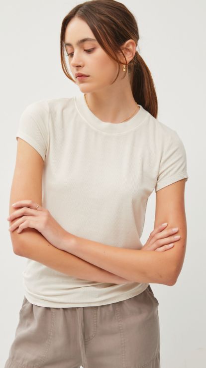 Classic, Ribbed, Crew Neck Tee- Ecru