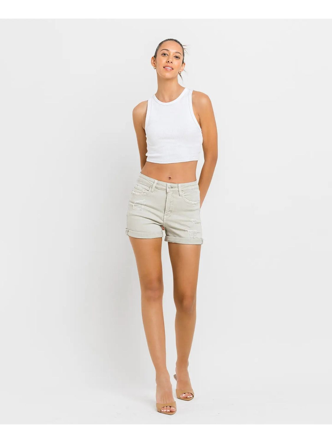 High Rise Double Cuff Shorts- Sage Green