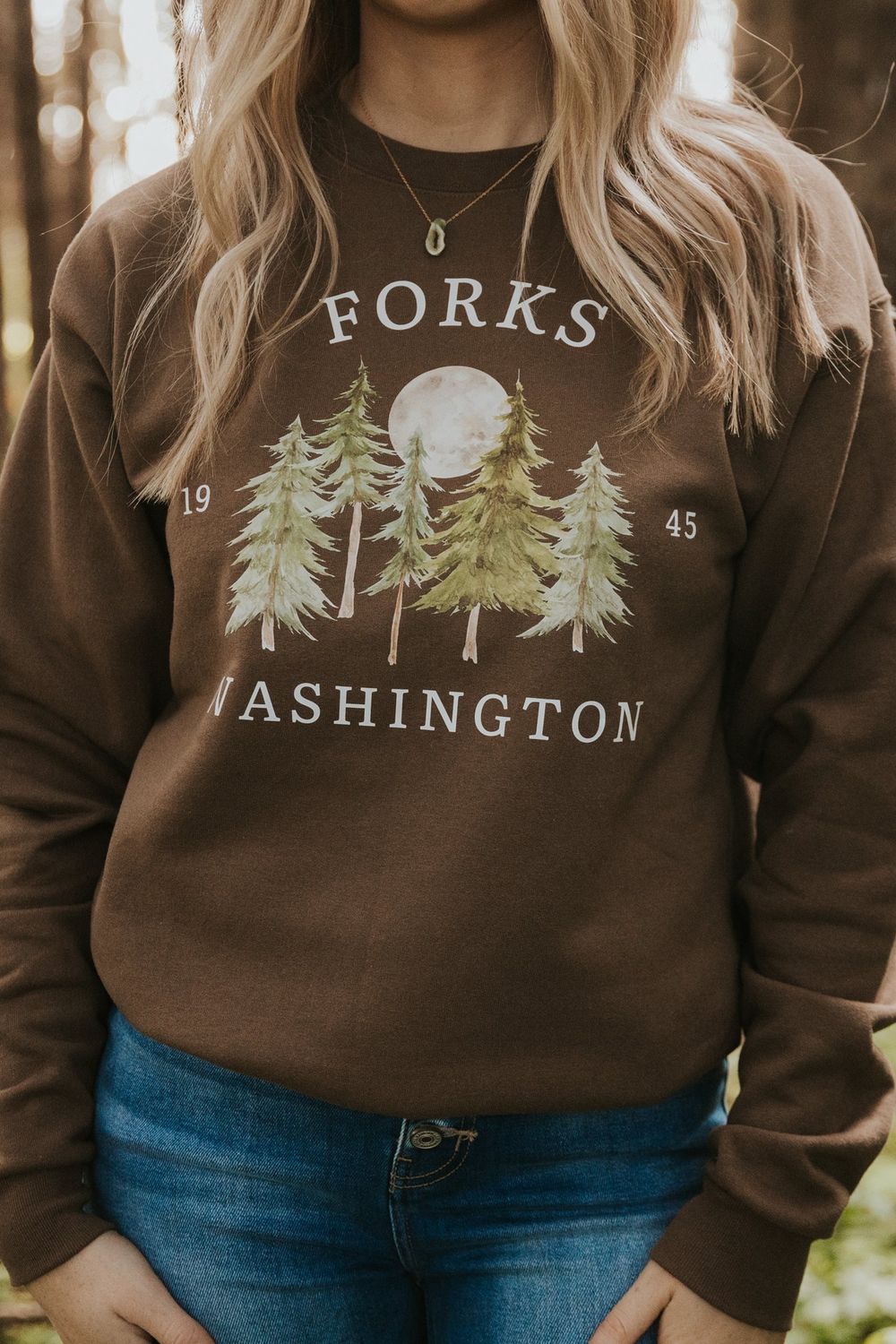 Forks, WA Moon + Trees Design, Color: Brown- White Text, Size: Small, Style: Tee