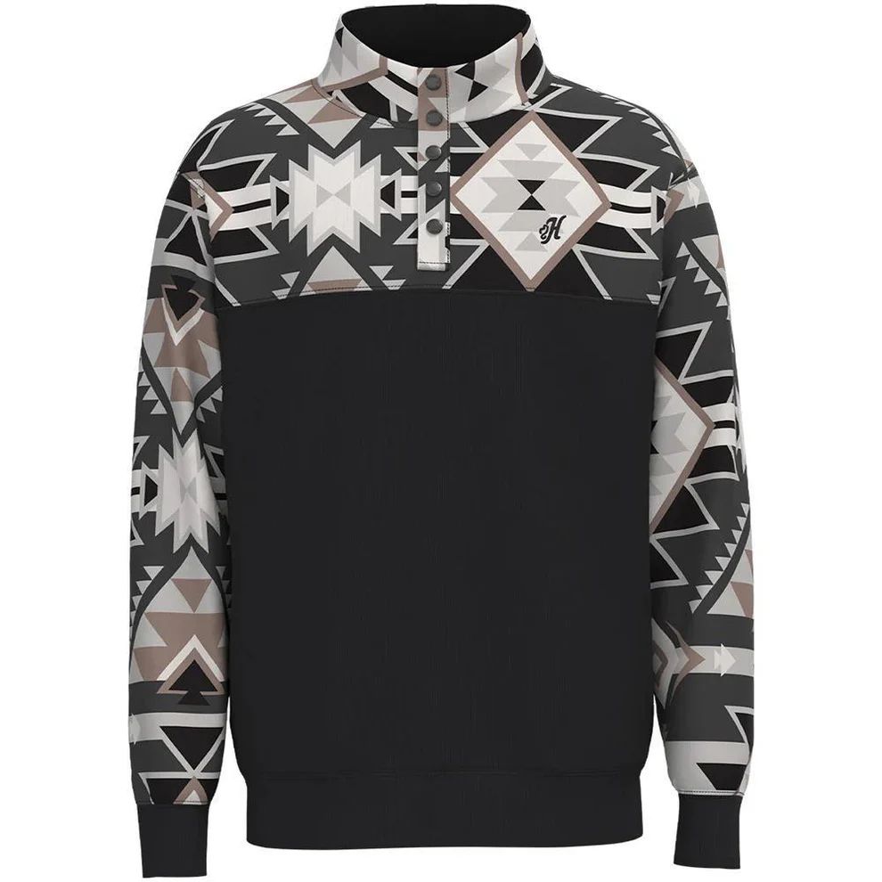 Stevie, Hooey Men’s Black Pullover with Black / White Aztec Pattern Across Chest and Sleeves with Kangaroo Pocket &amp; Internal Phone Pocket
