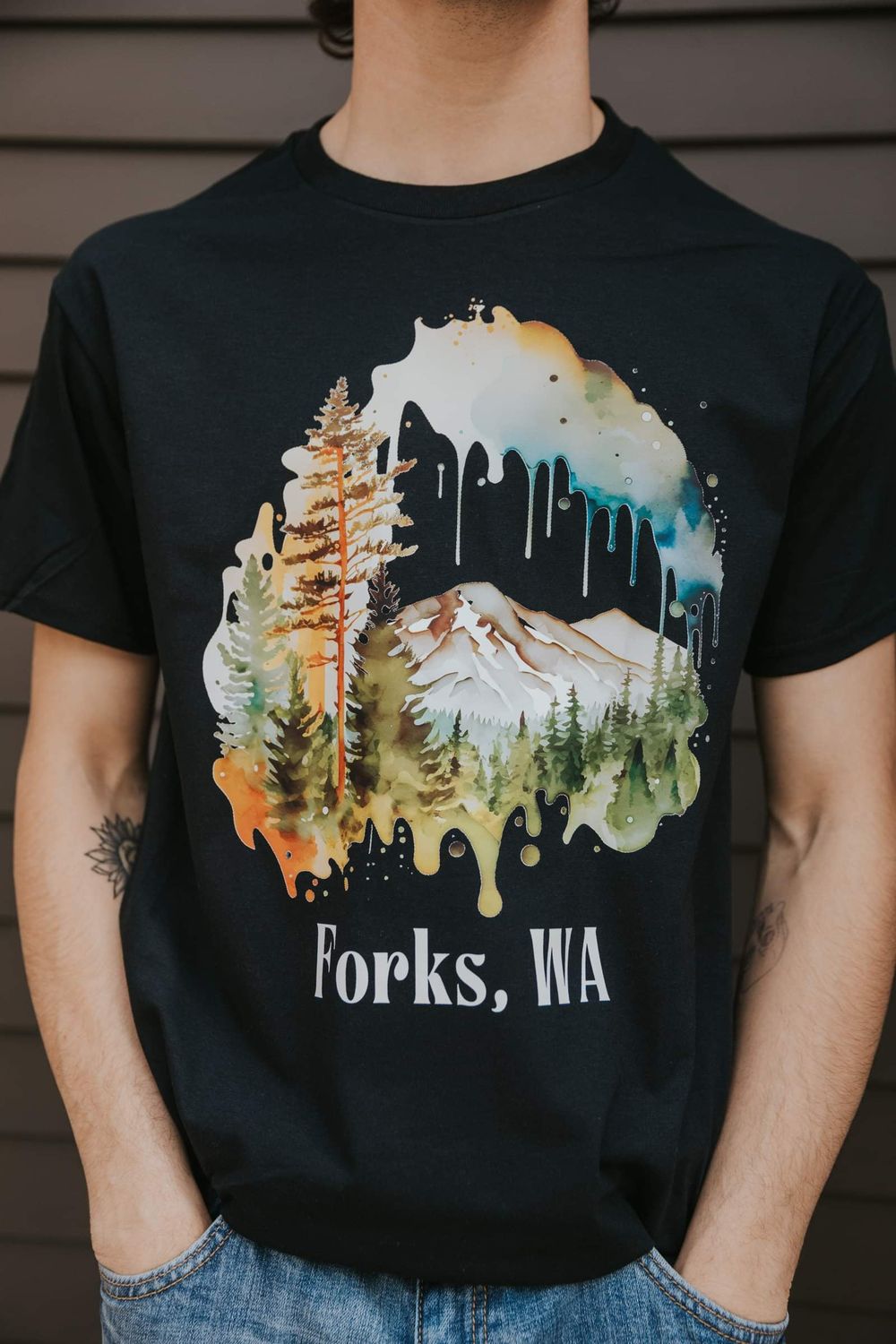 Forks Watercolor Mountain Drip Design