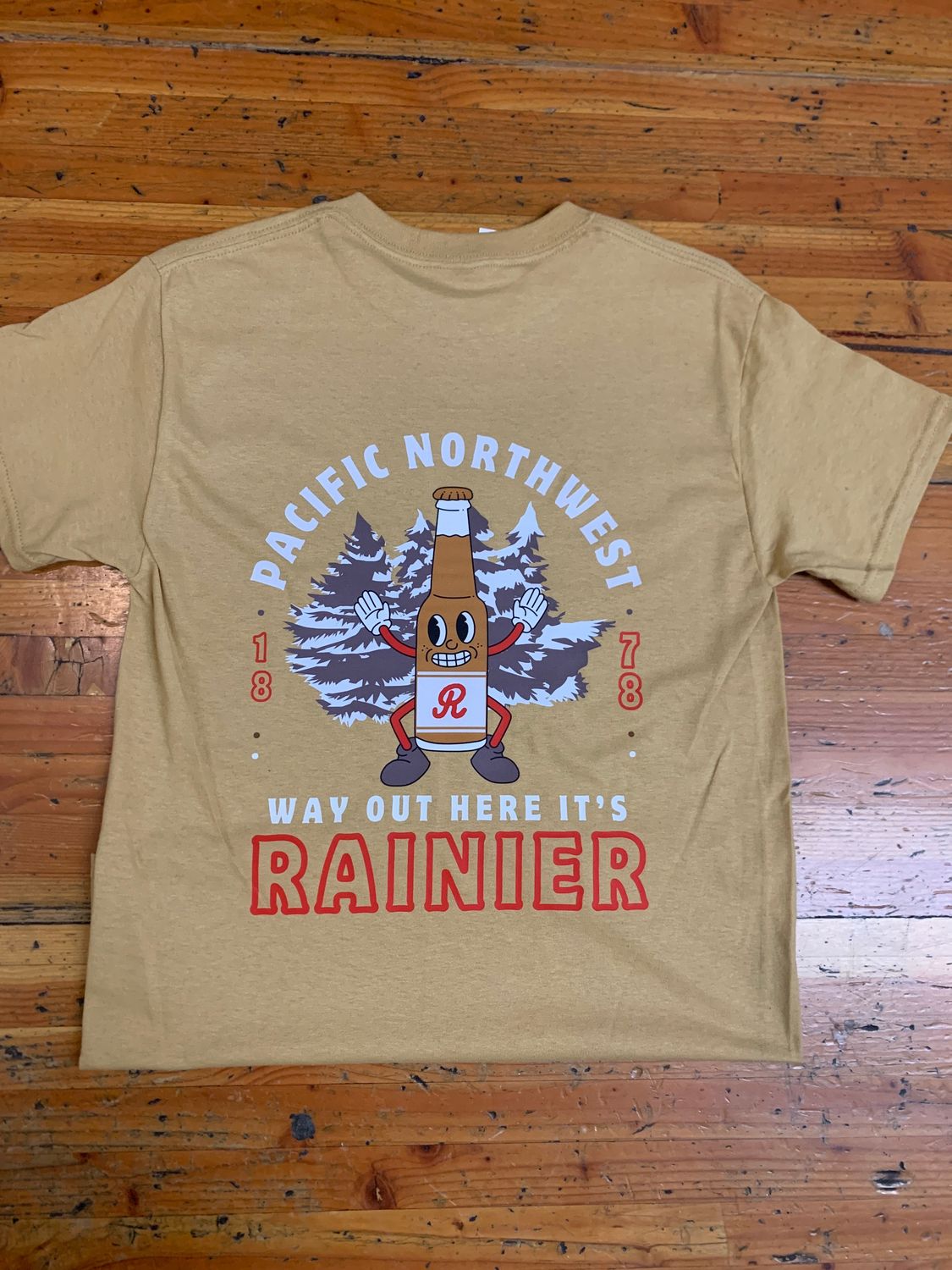 Way Out Here It's Rainier Design, Color: Old Gold, Size: Small, Style: Tee
