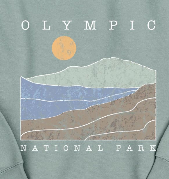 Olympic National Park Distressed Mountain Sunset Short Sleeve Tee, Color: Sage, Size: X-Small