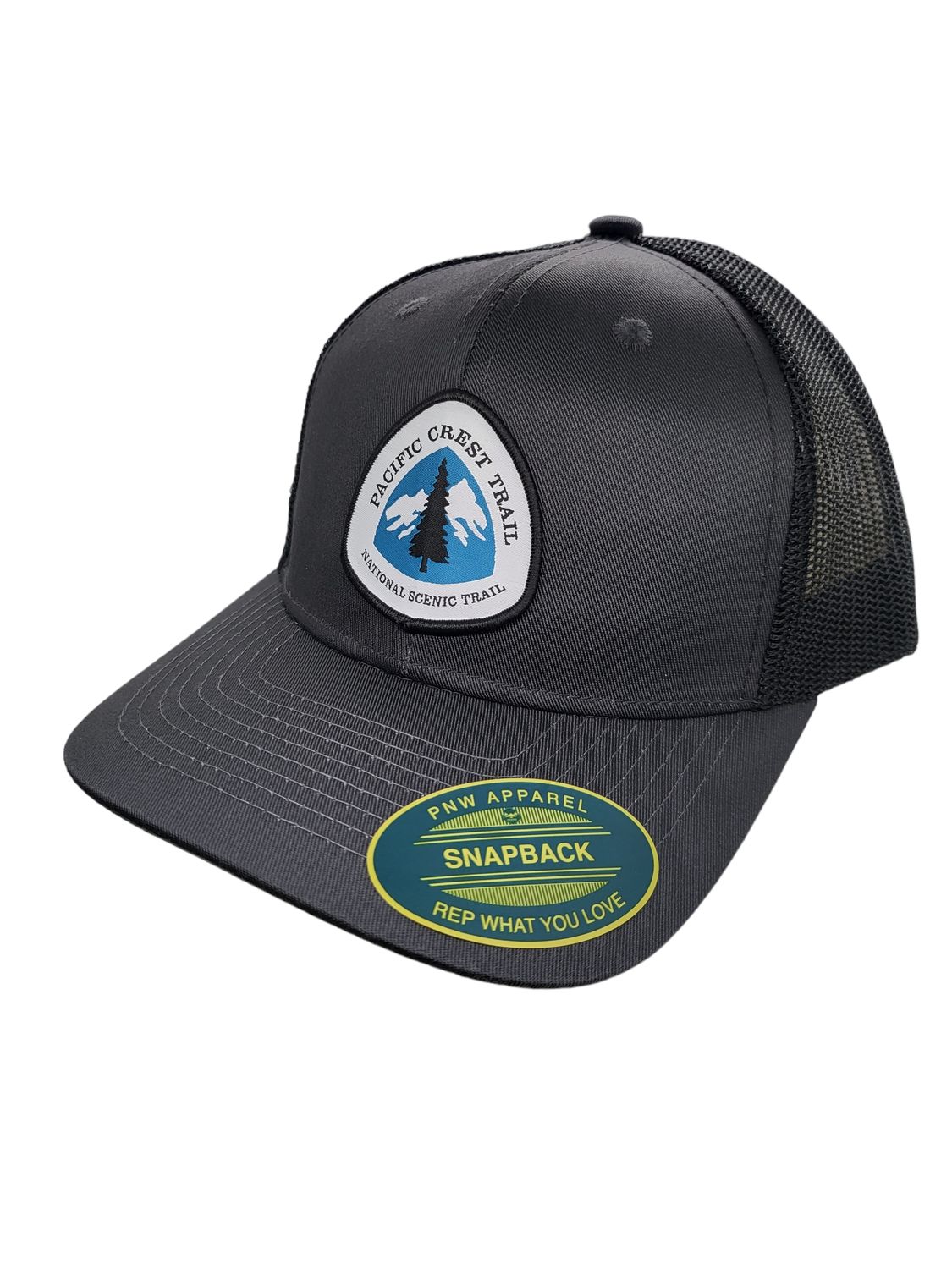 Pacific Crest Trail Snapback Hat with PCT Patch: Grey on Black