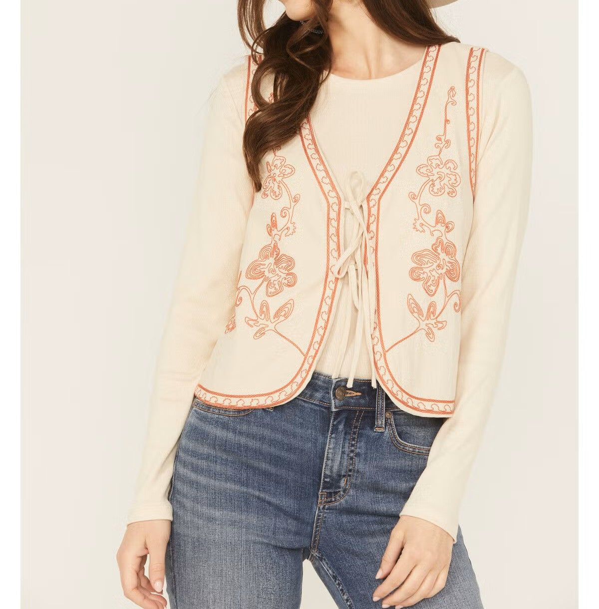 Khaki Embroidered Detailed Tie Front Vest