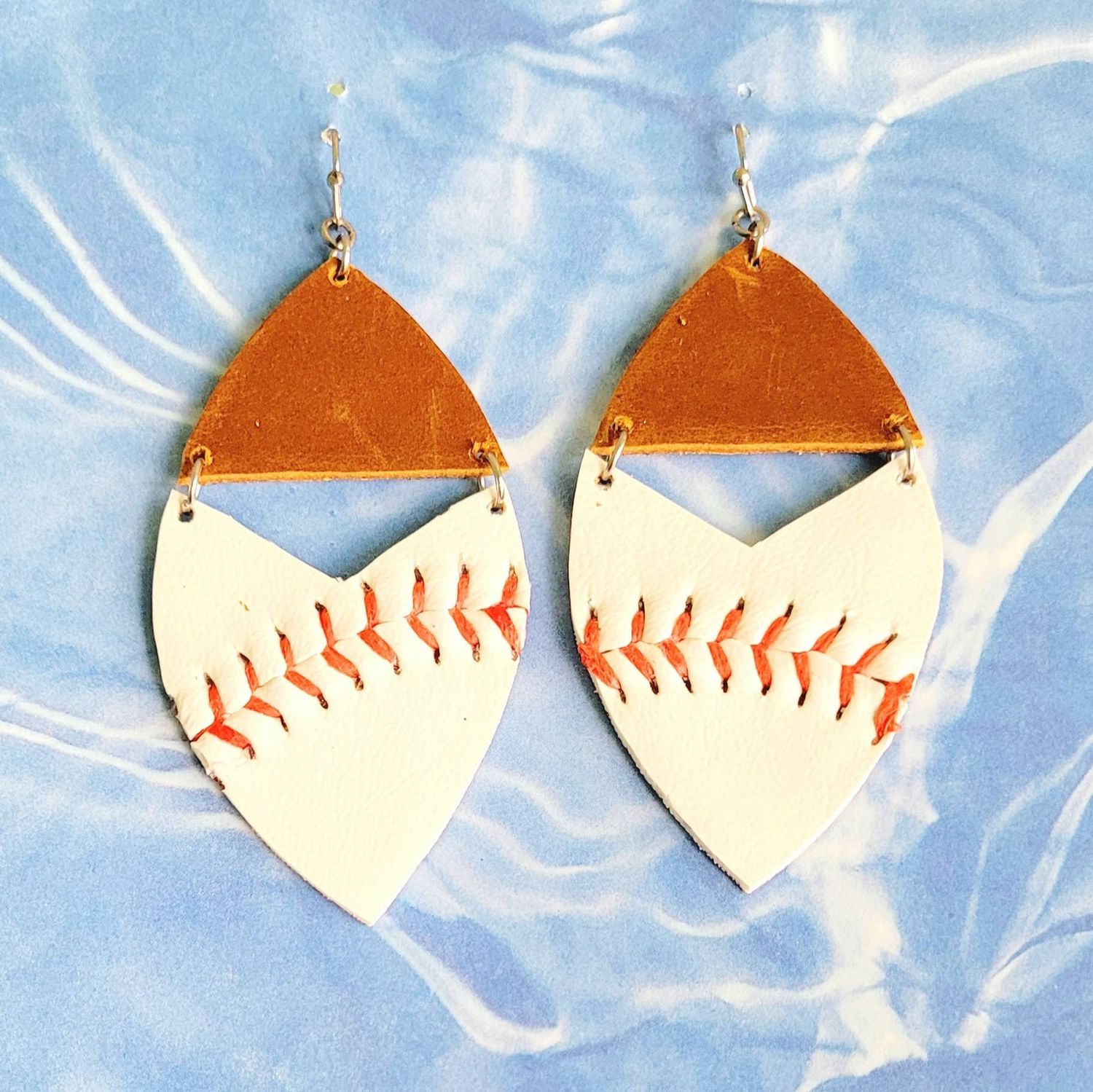 Baseball Two Section Leaf Earrings, Real Baseball Earrings: Baseball / Tan