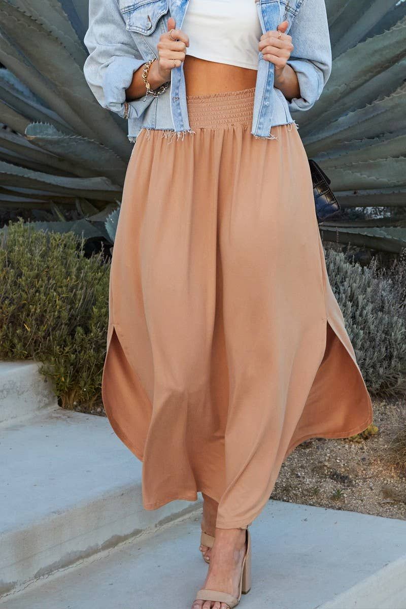 Camel Smocked High Waist Maxi Skirt - Curvy
