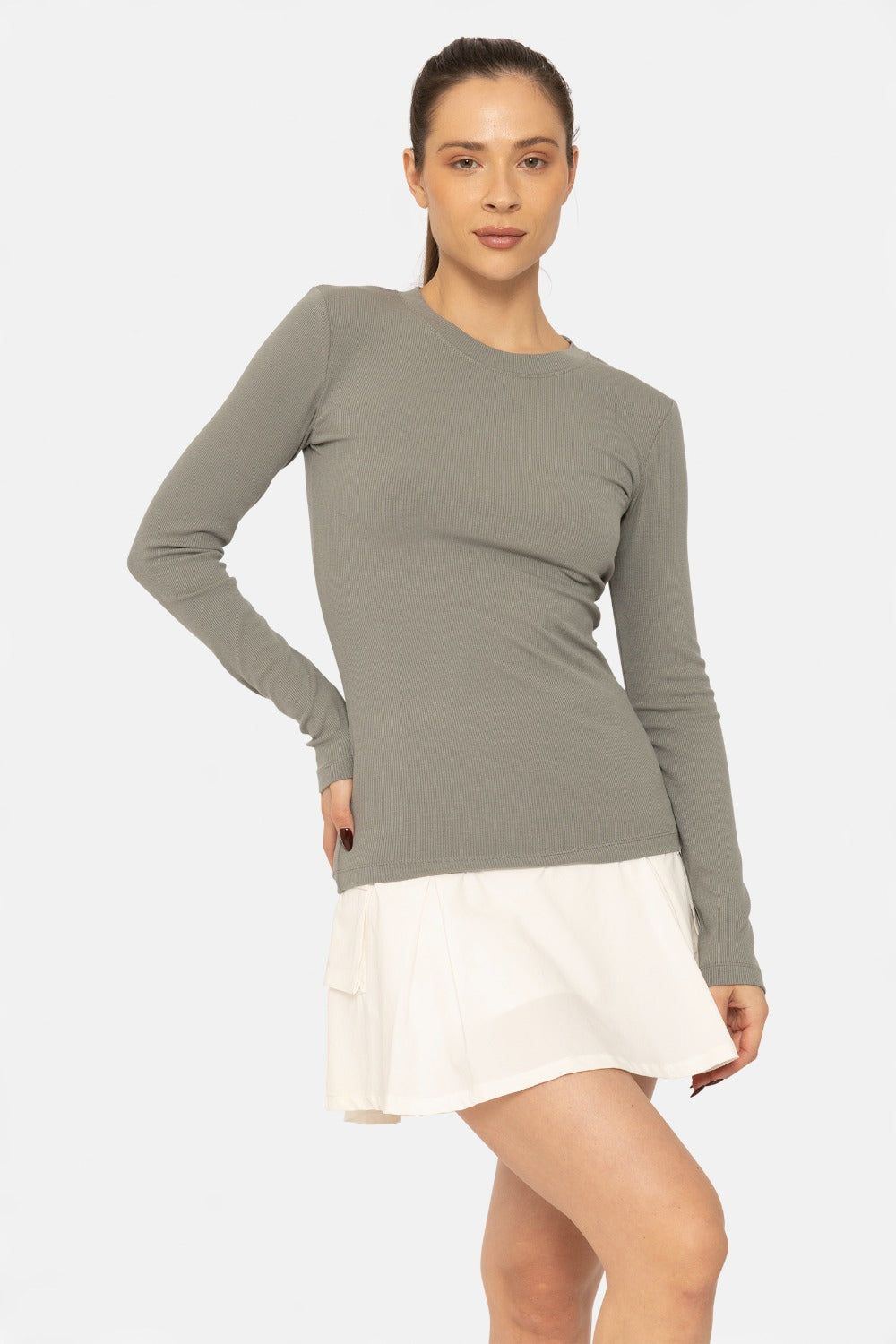 Essential Long Sleeved Micro Ribbed Top, Color: Shadow, Size: Small
