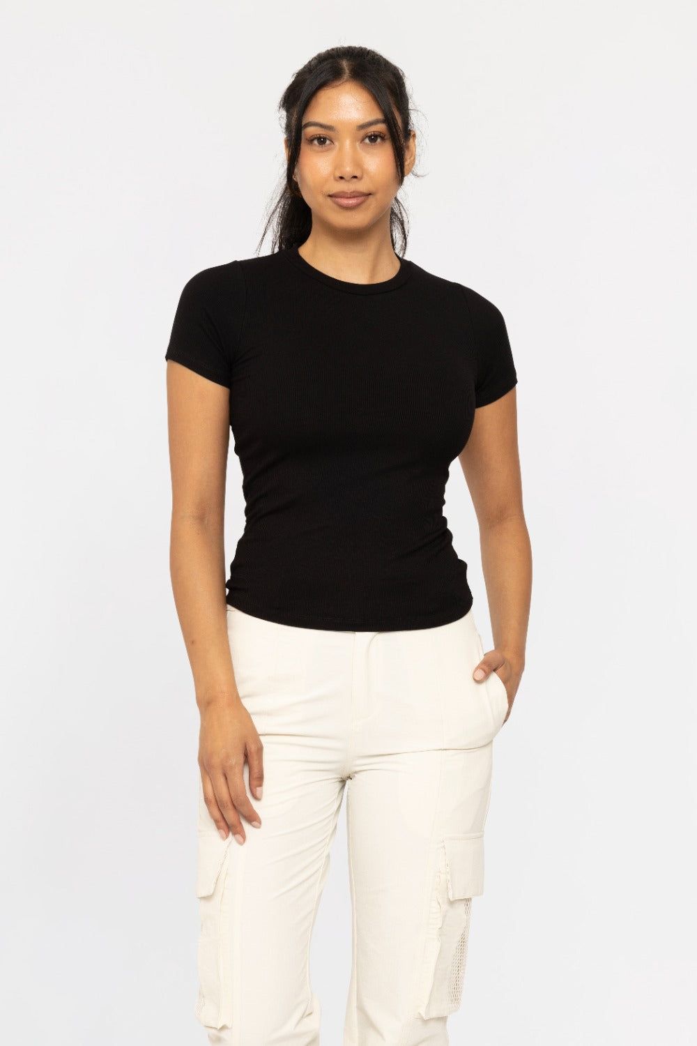 Essential Short Sleeved Micro-Ribbed Top, Color: Black, Size: Small