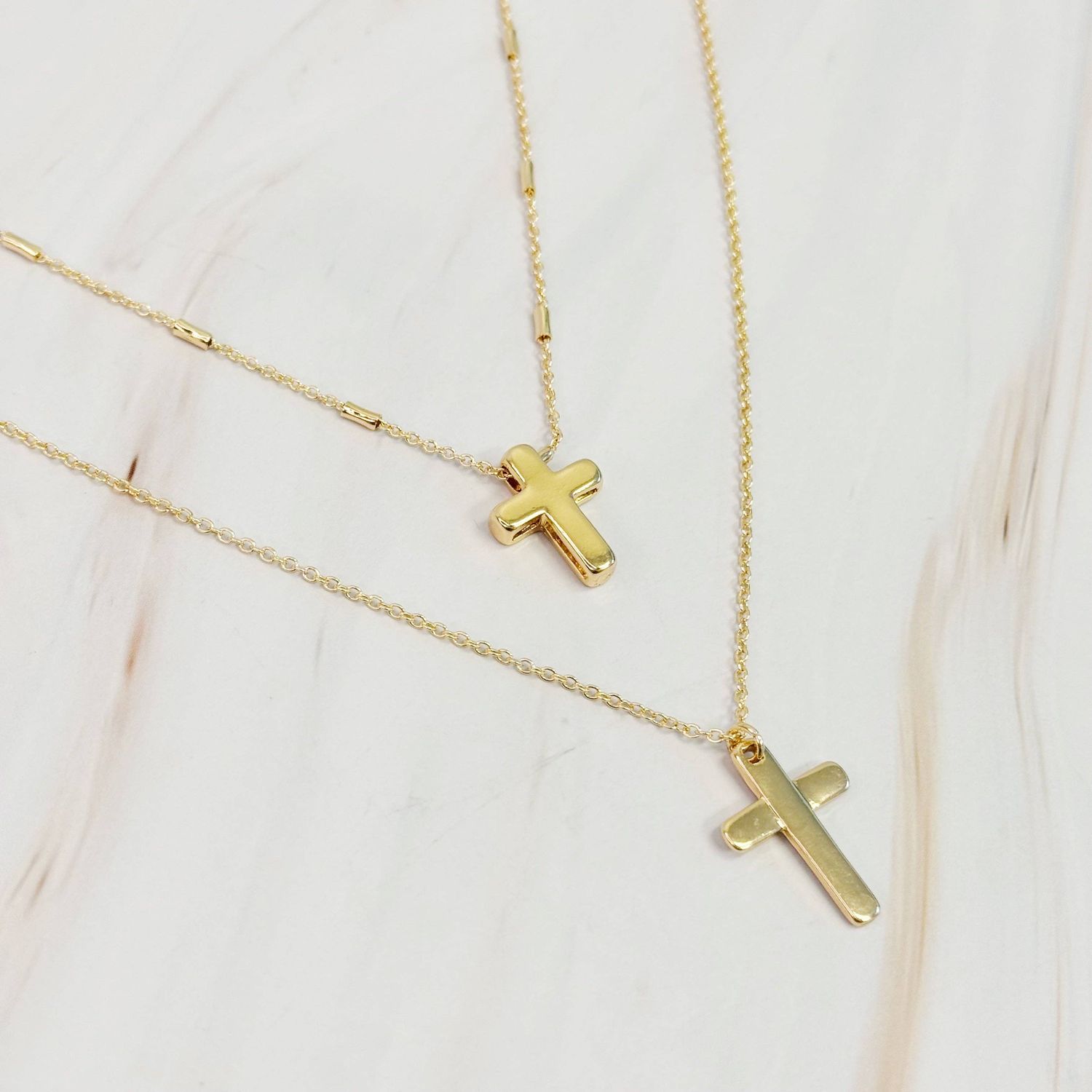 Pretty Chain Cross Necklace Set Of 2- Gold