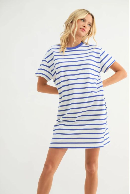 Striped T-Shirt Mini Dress - Teal/Taupe