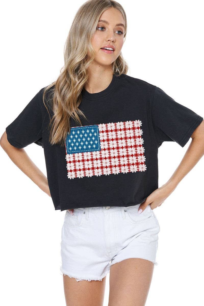 PUFF' Floral American Flag Graphic S/S Faux Cropped Tee: BLACK