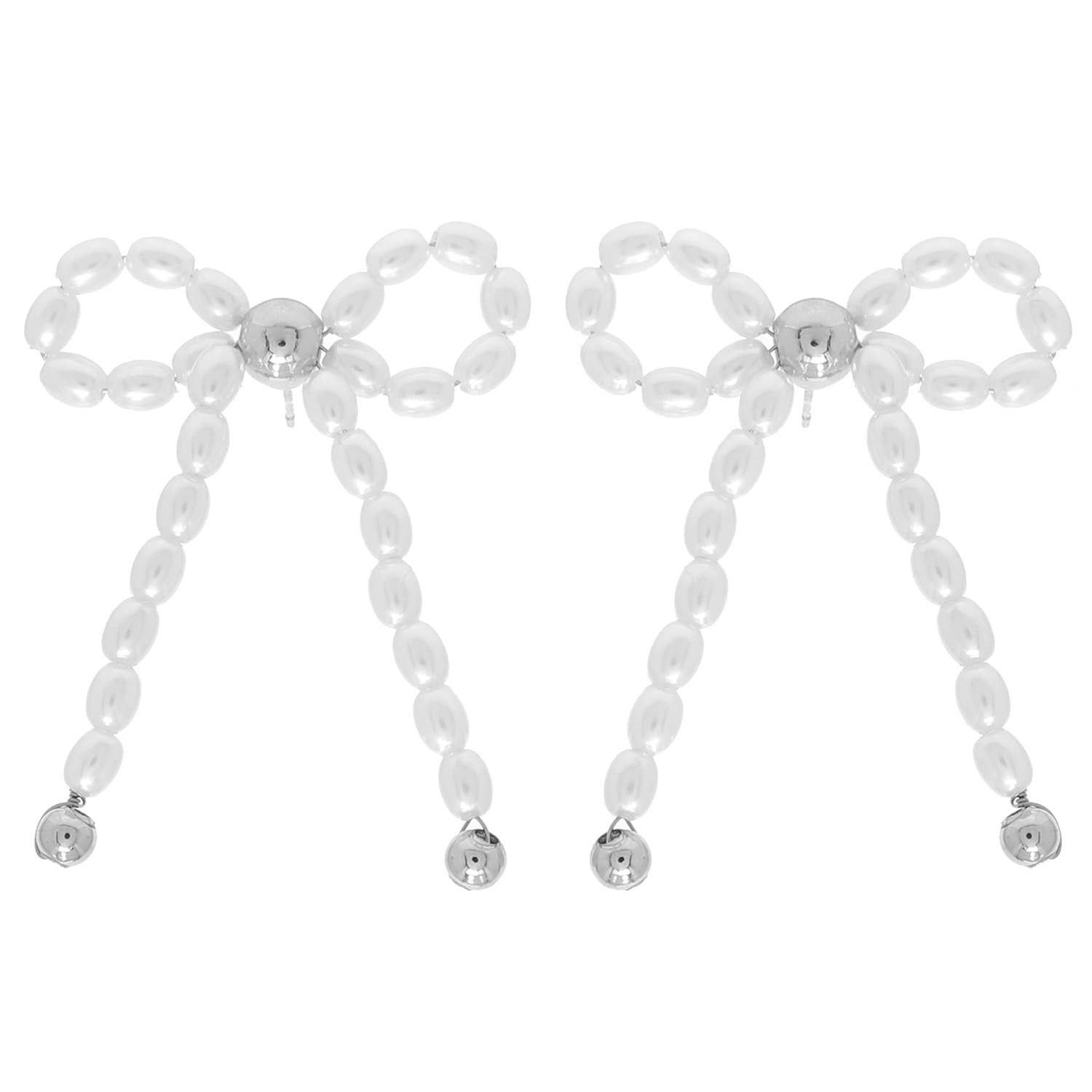 Oval Pearl Bead Embellished Long Tail Bow Post Earrings: Silver
