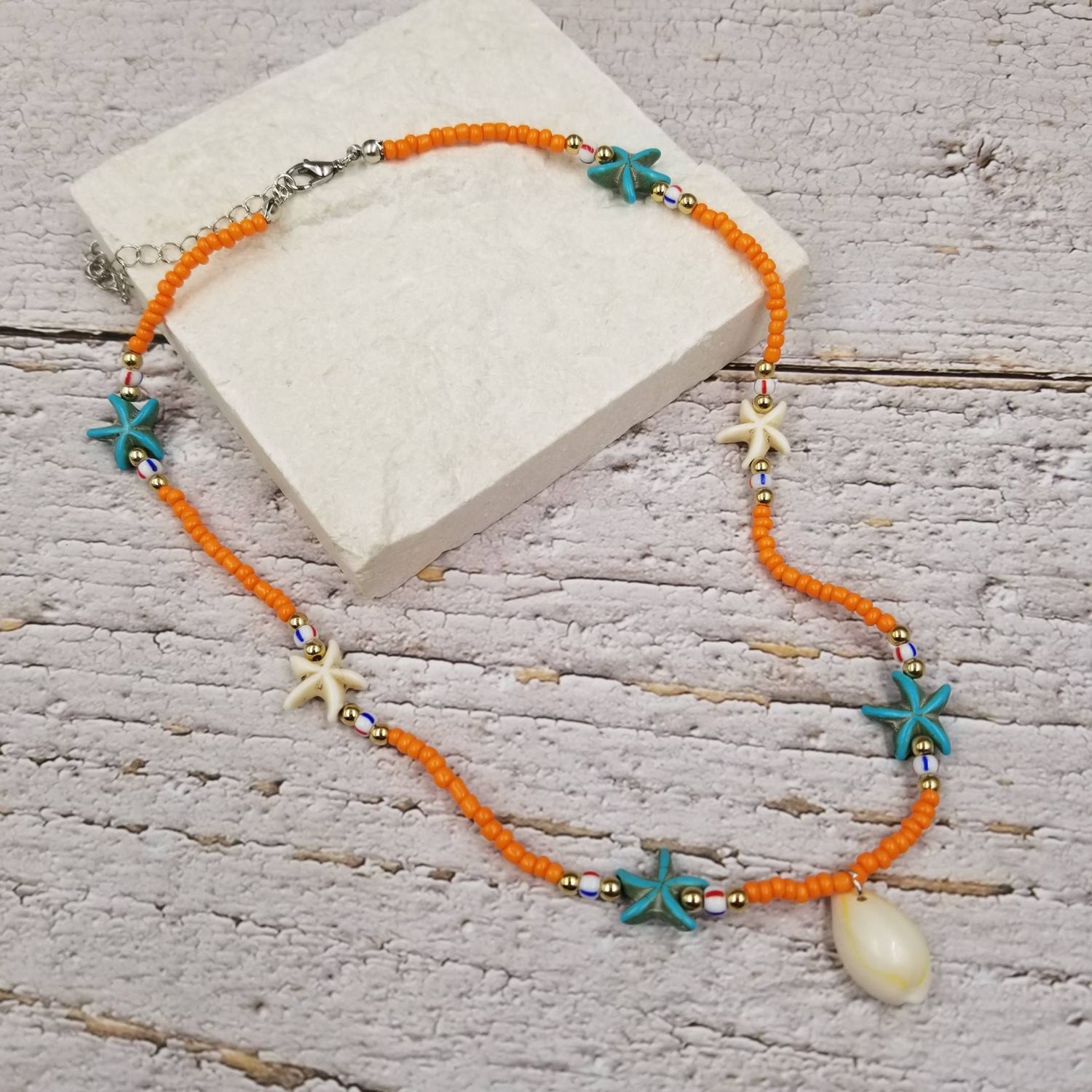 Boho Seed Beads Starfish Shell Pendant Necklace: Orange