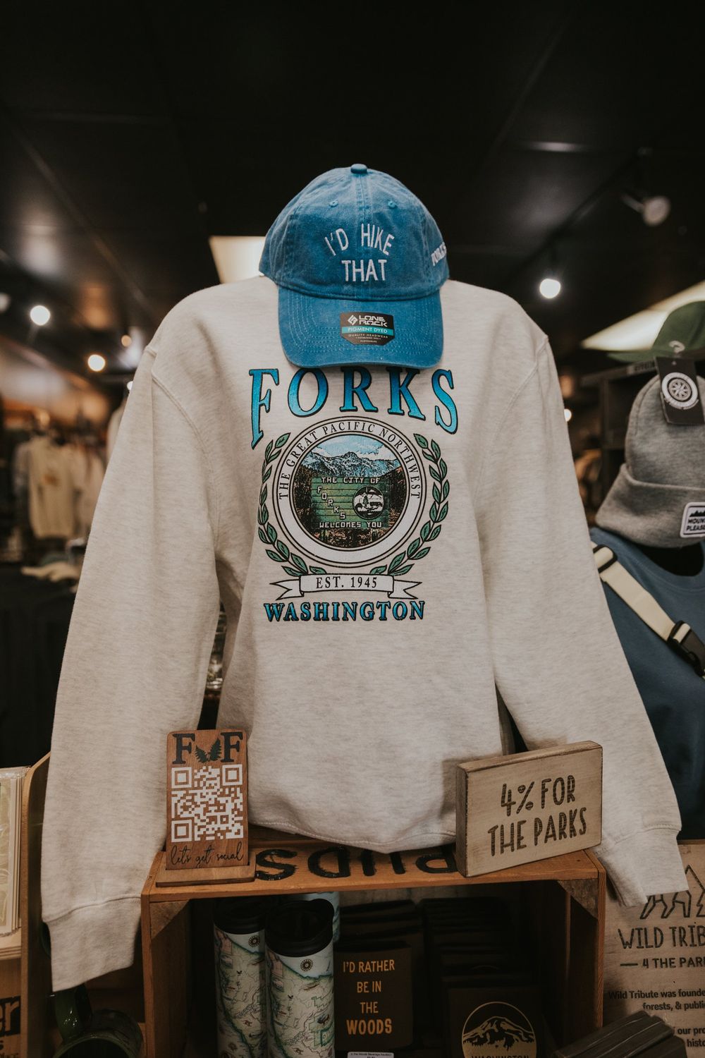 Vintage City of Forks Mountain Crew, Color: Oatmeal Heather, Size: Small, Style: Crewneck