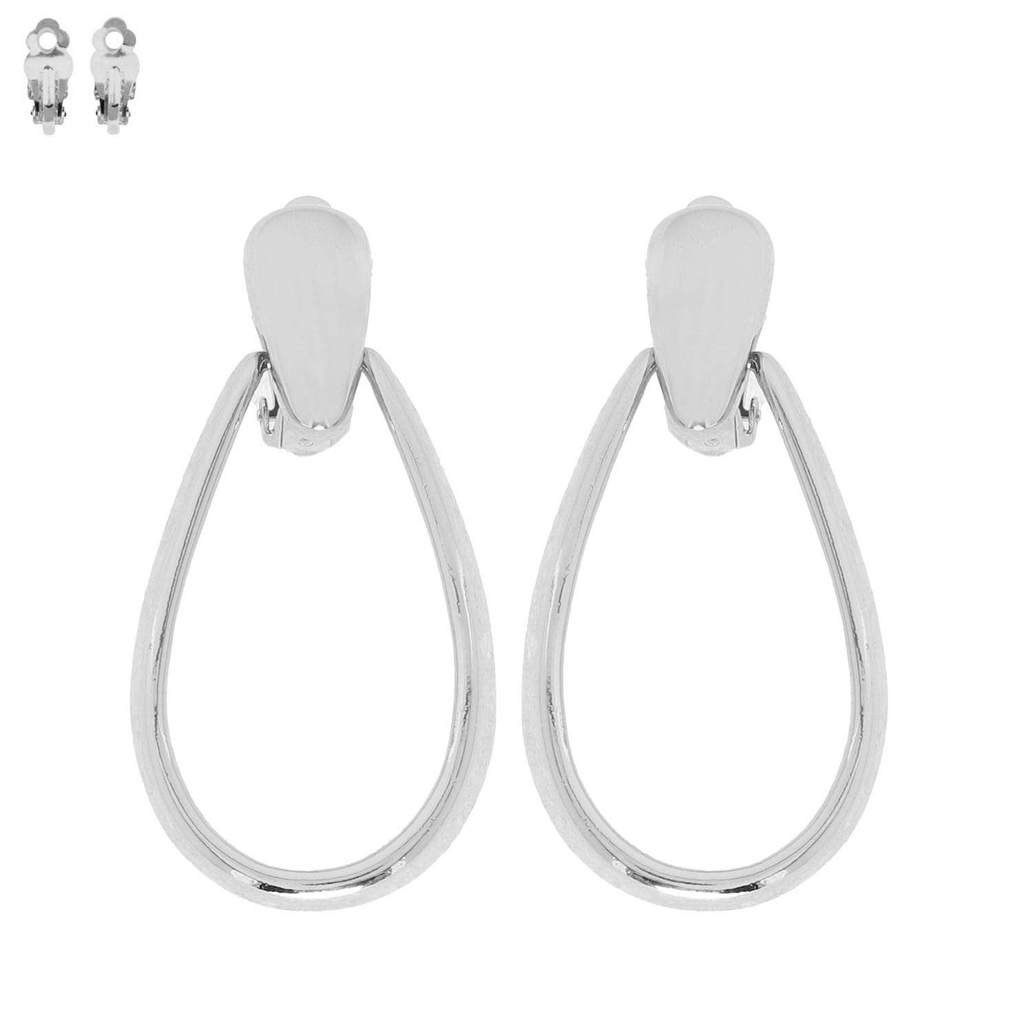Teardrop Shaped Doorknocker Clip On Earrings: Silver