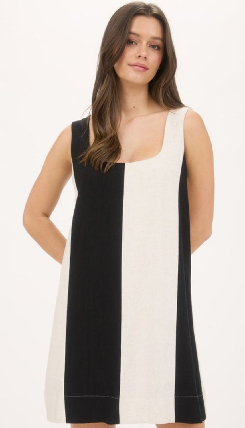 Wide Striped Linen Dress- Black