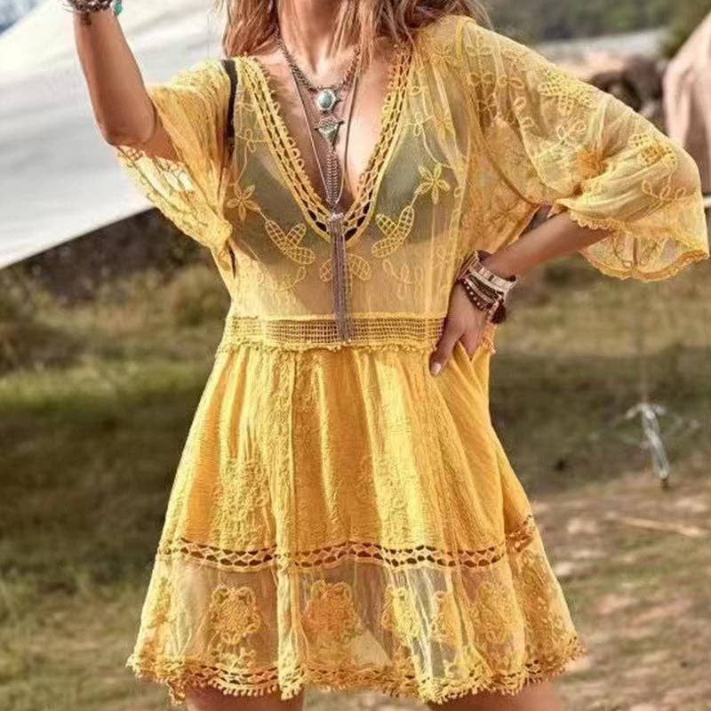 Sexy Loose Beach Cover-Up Dress: YELLOW / AVERAGE