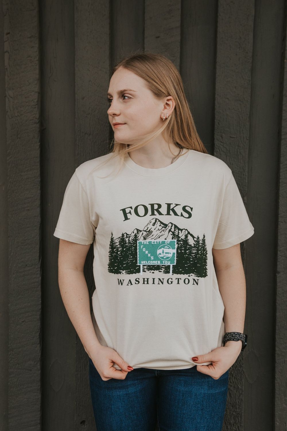 HWY 101 Sign Forks, WA Sketch Heavyweight Cream S/S Tee