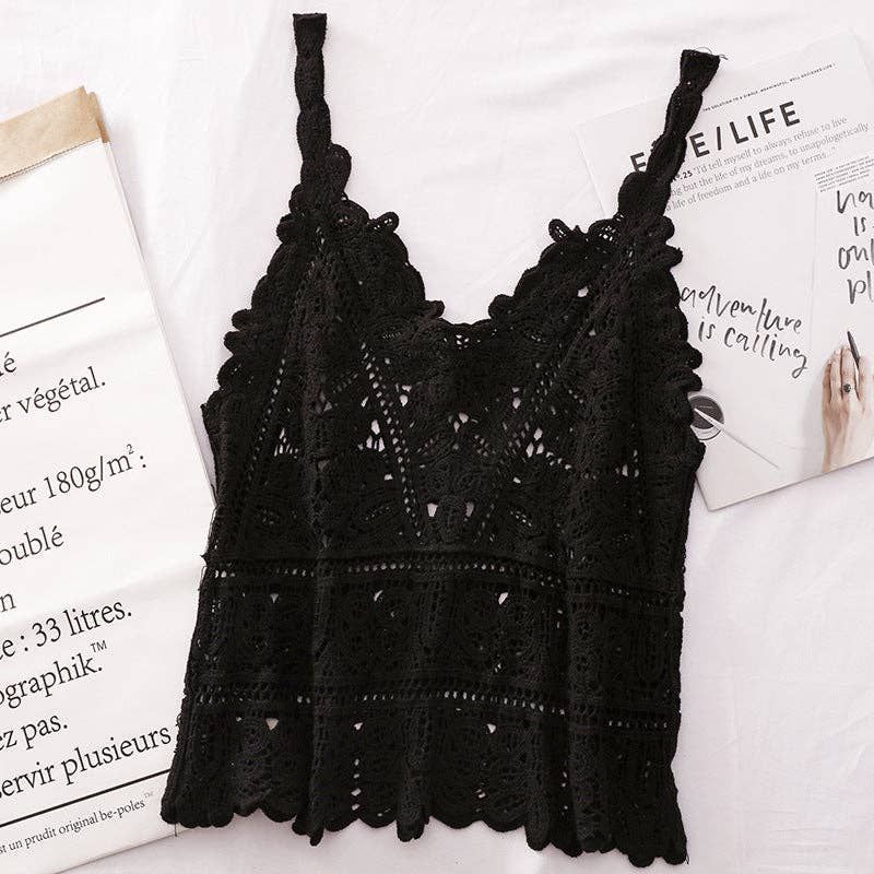 Solid Color Crochet Lace Hollow Camisole Top: BLACK / AVERAGE