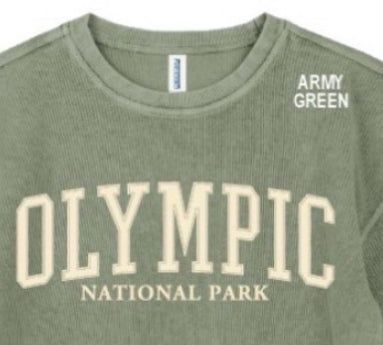 Olympic National Park Appliqué Embroidered Chorded Crewneck, Color: Army Green, Size: Small