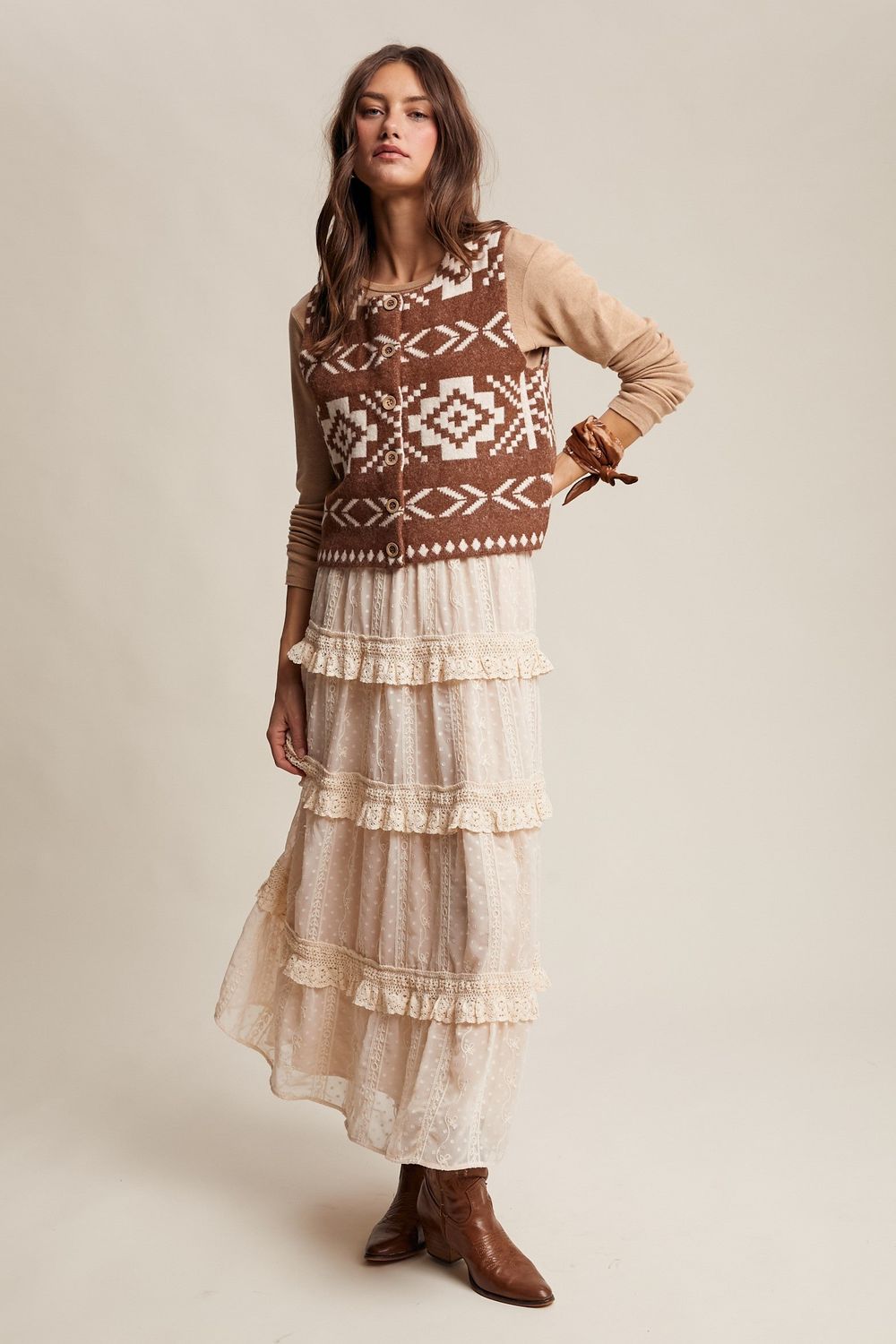 Southwestern Button-up Wool Vest Brown