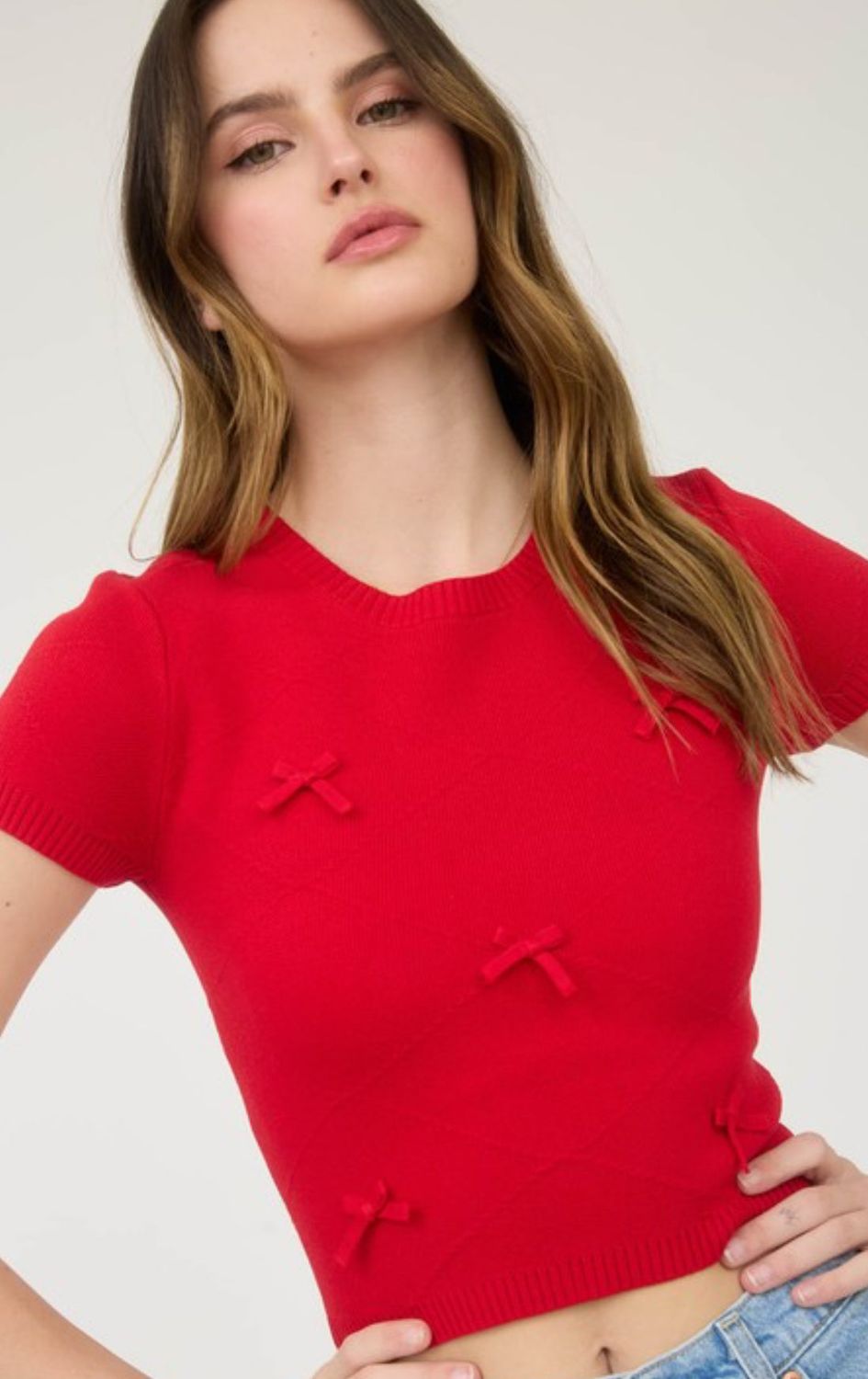 Red Bow Crop Sweater