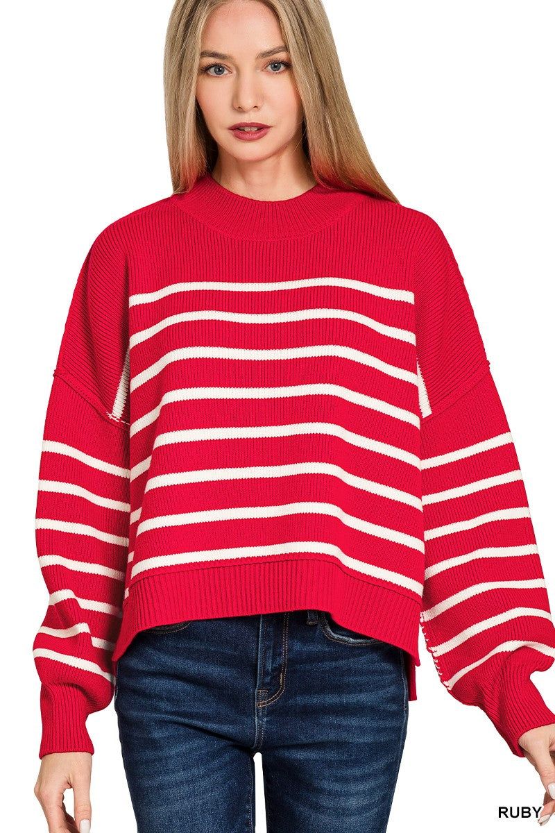 Exposed Seam Striped Oversized Sweater Ruby
