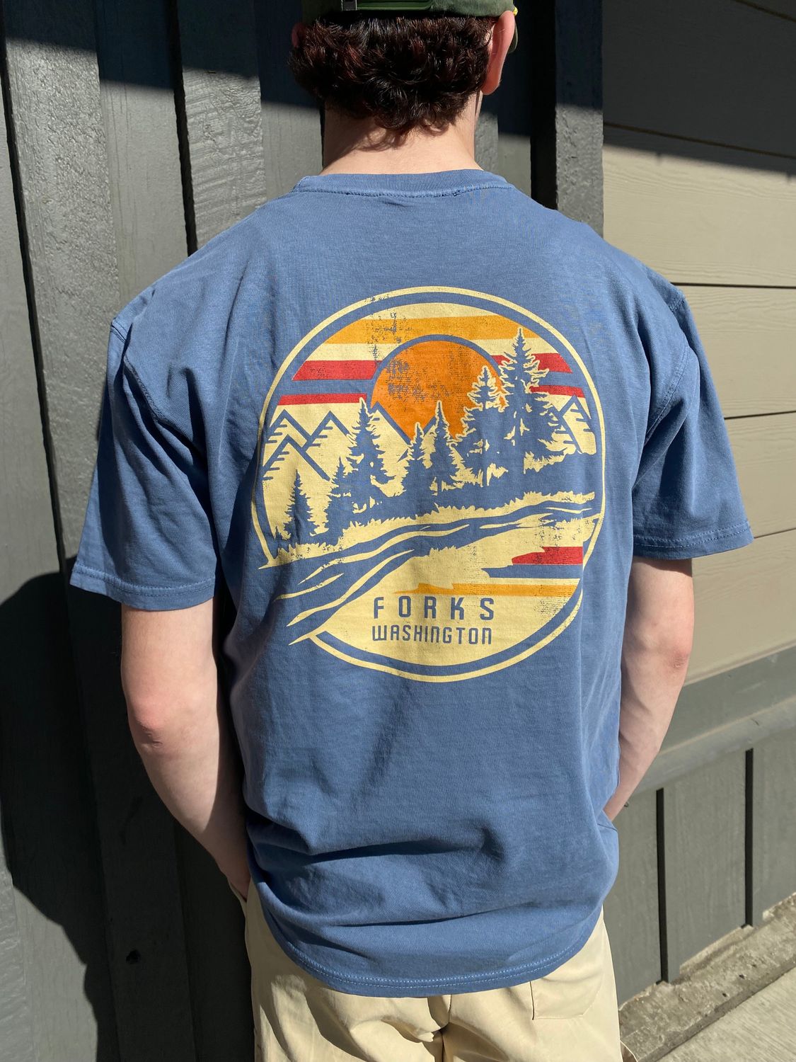 Forks, WA Distressed Mountain Sunset Short Sleeve Tee, Color: Blue Jean, Size: X-Small