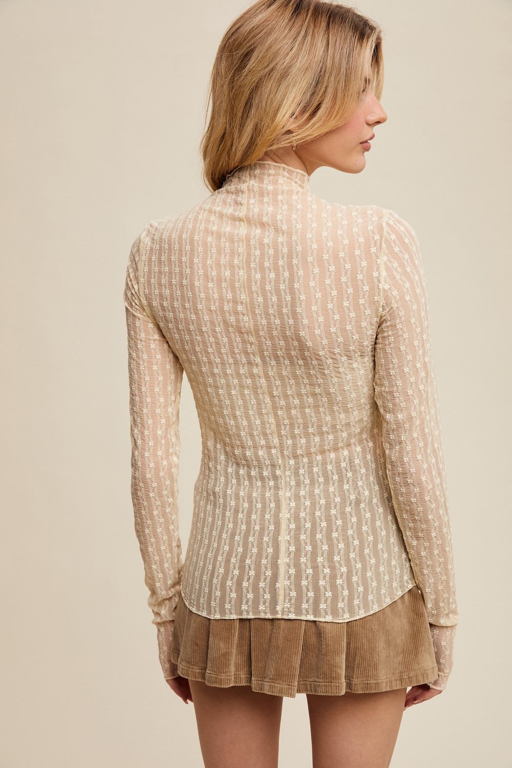 Sheer Textured Lace Long-sleeve Top Butter