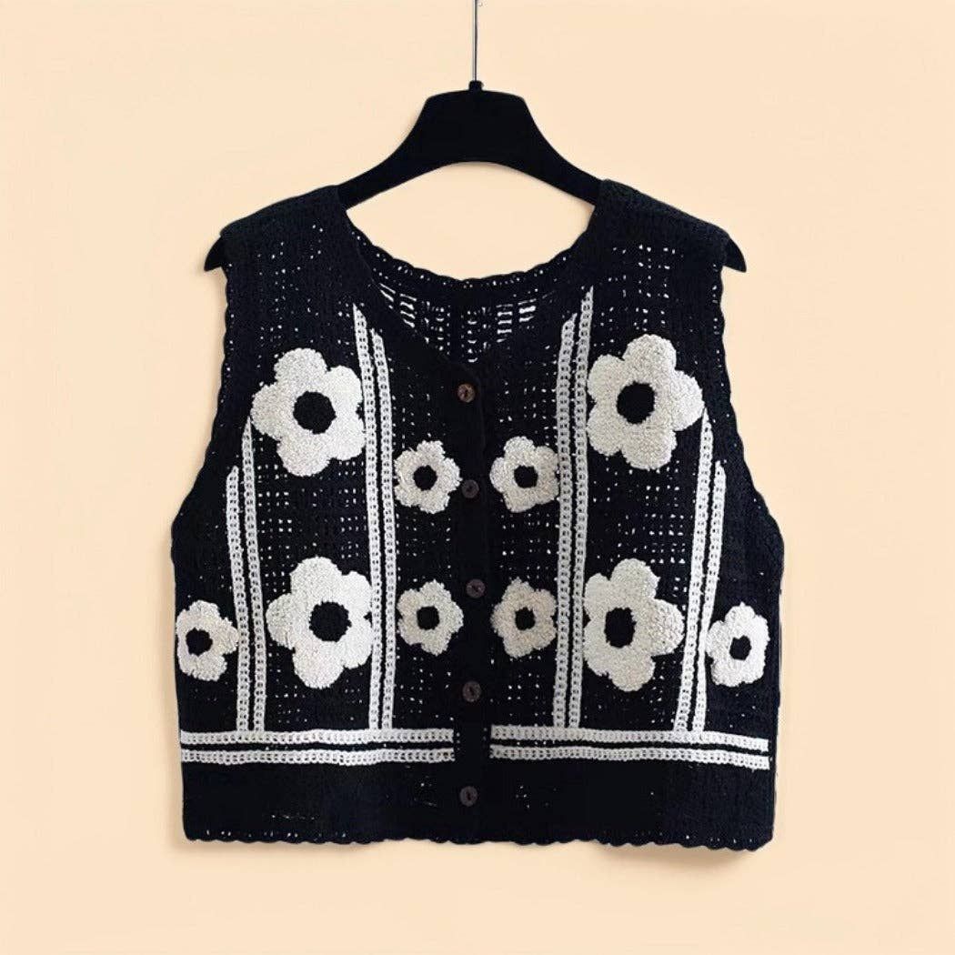 Crosa - Floral Crochet Knit Vest – Airy Summer Cover-Up: Black / One Size