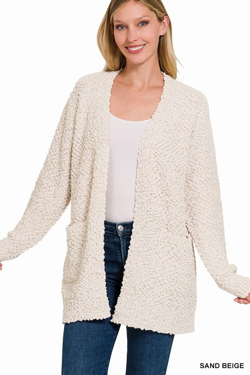 Long Sleeve Popcorn Sweater Cardigan With Pockets Sand Beige