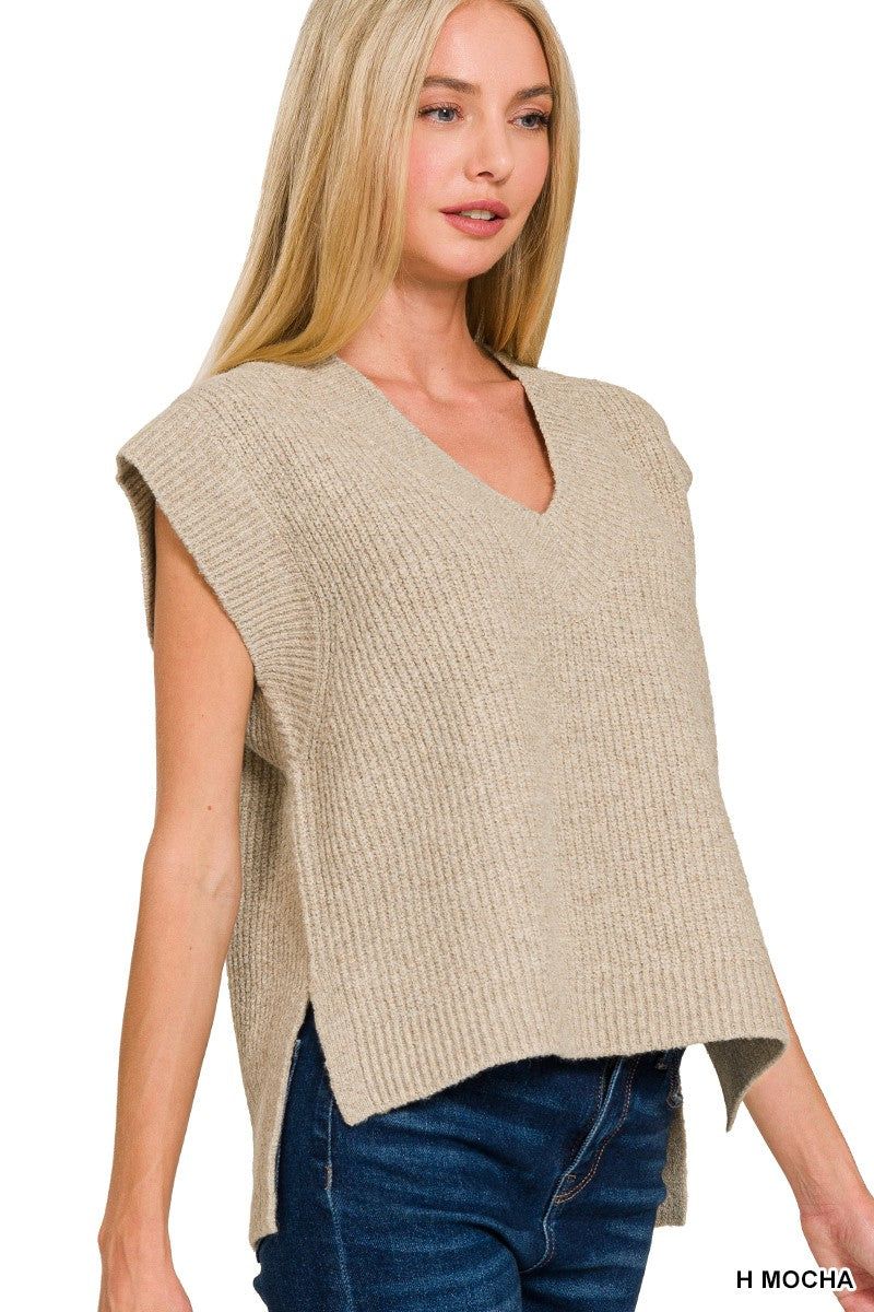 Oversize Sweater Vest With Side Slit Heather Mocha
