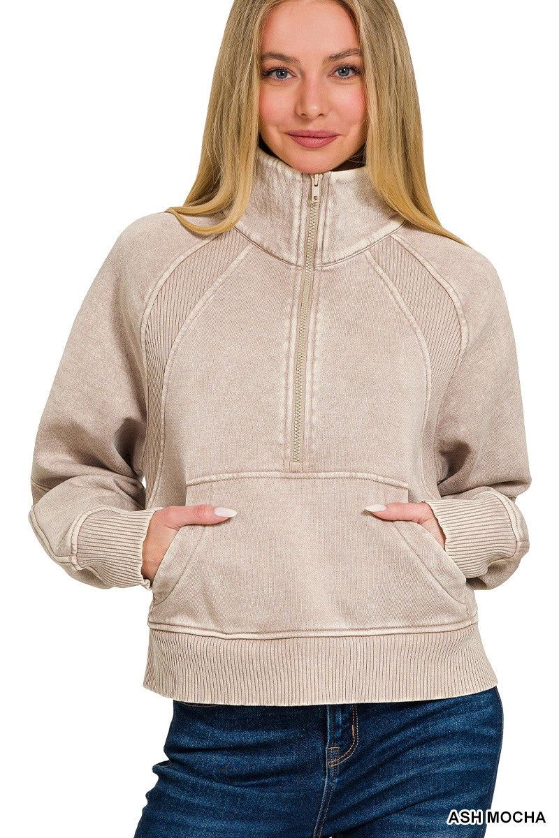 Acid Washed Half Zip Fleece Pullover Kangaroo Ash Mocha