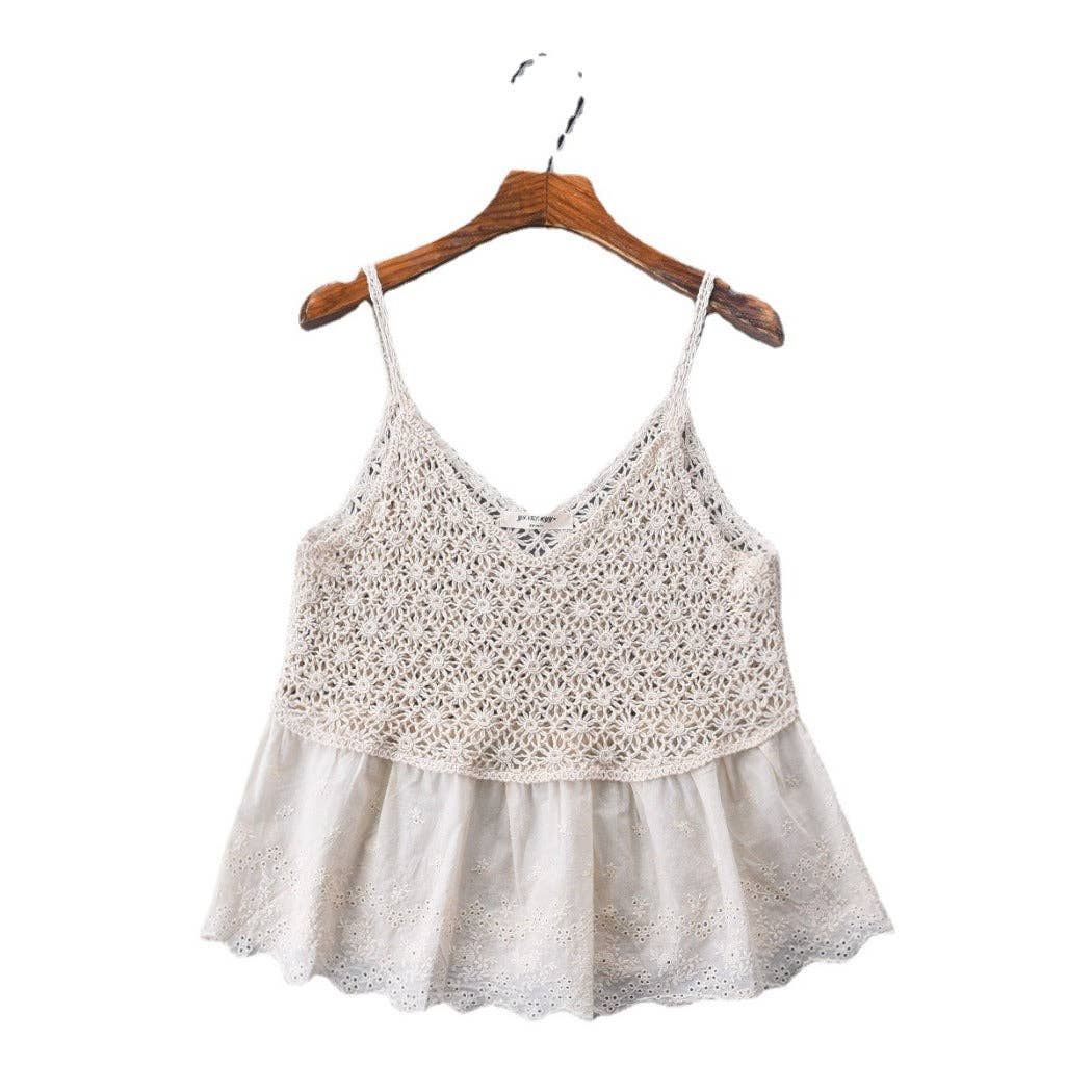 Vesty - Lace-Knit V-Neck Cami Top - White &amp; Beige: Beige / One Size