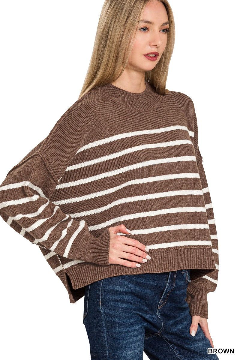 Exposed Seam Striped Oversized Sweater Brown