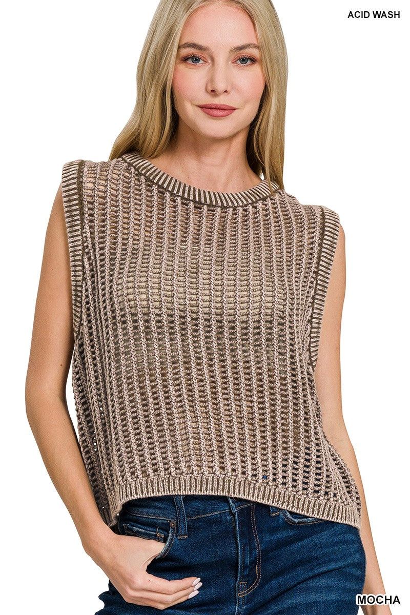 Acid Washed Fishnet Sweater Vest Mocha