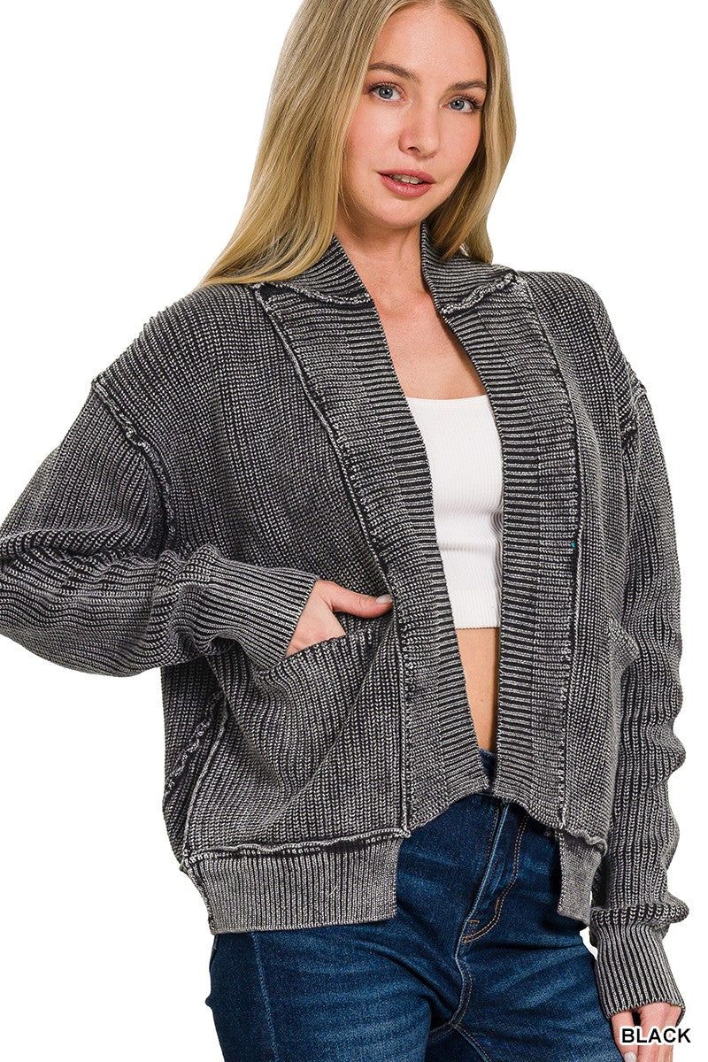 Washed Dropped Shoulder Cardigan W Side Pockets Black