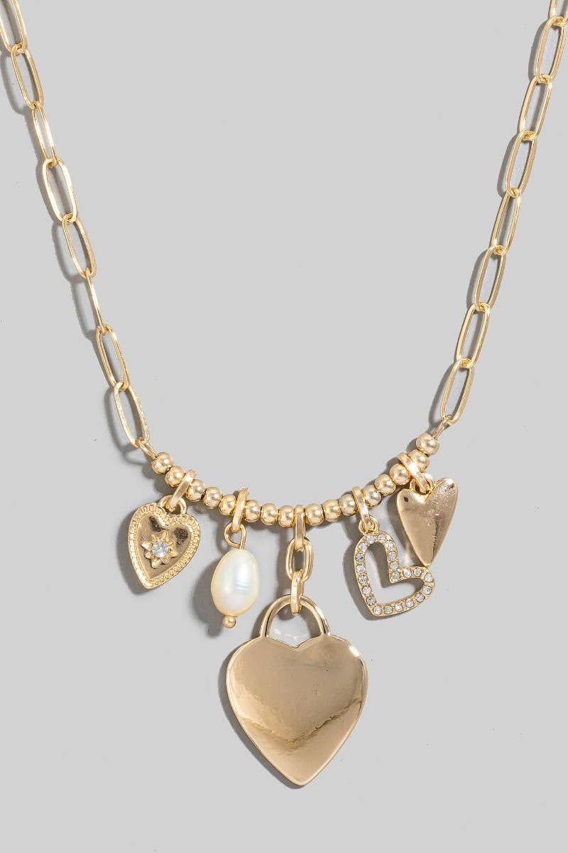 Mixed Heart Charms And Pearl Bead Chain Necklace: CLRGD