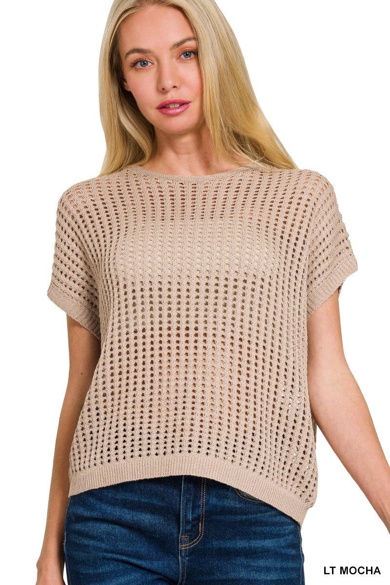 Viscose Crochet Knit Sheer Hollow Sweater Light Mocha