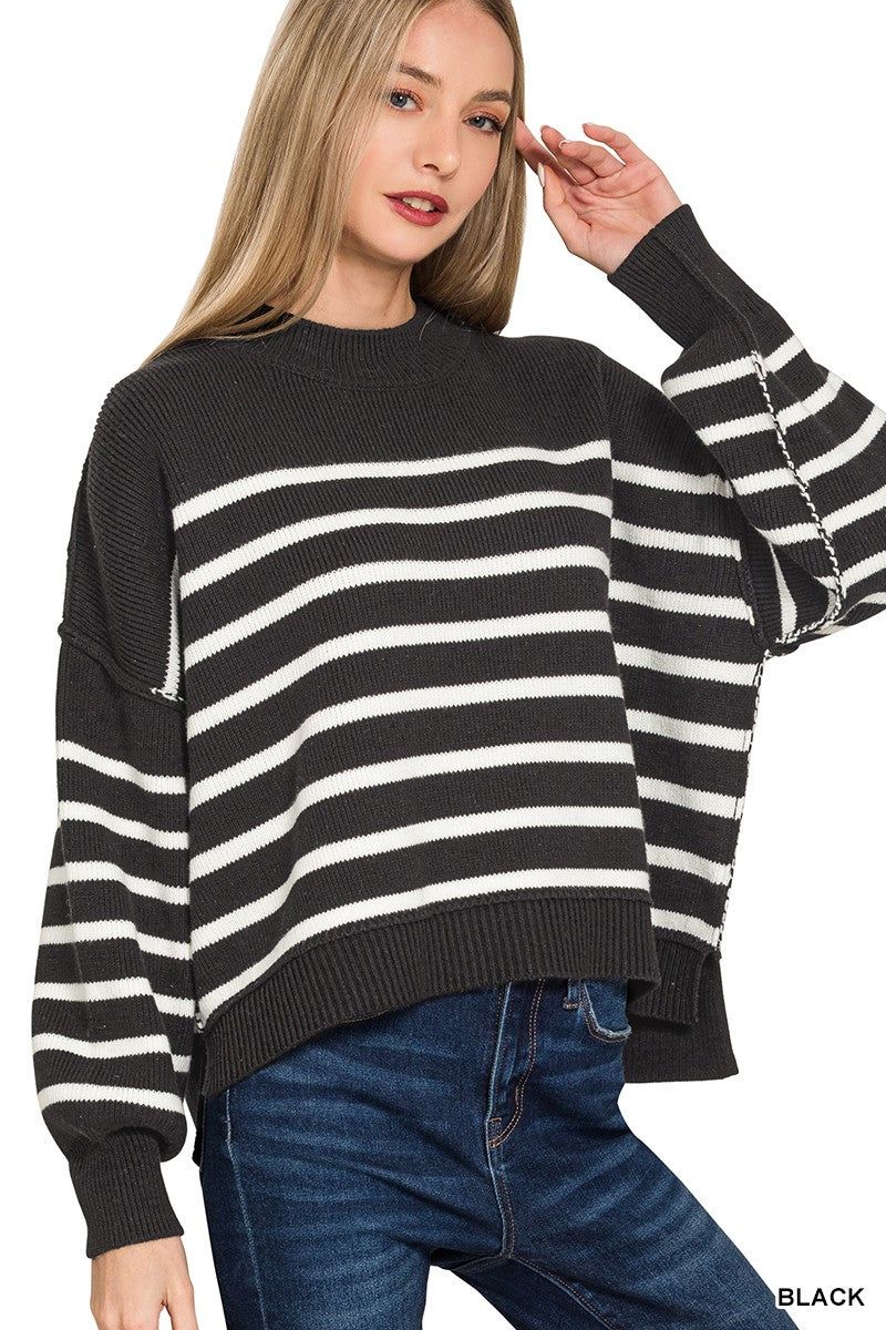 Exposed Seam Striped Oversized Sweater Black