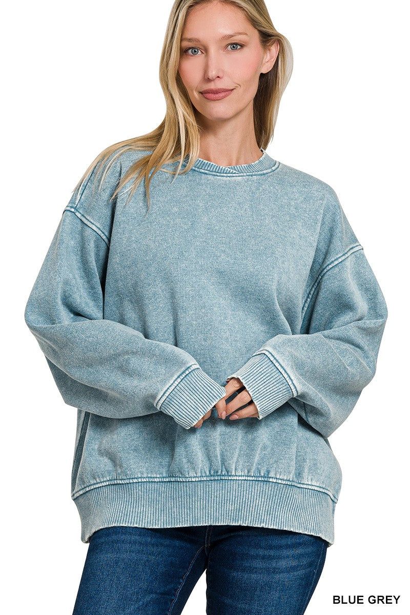 Acid Wash Oversized Fleece Pullover Blue Grey